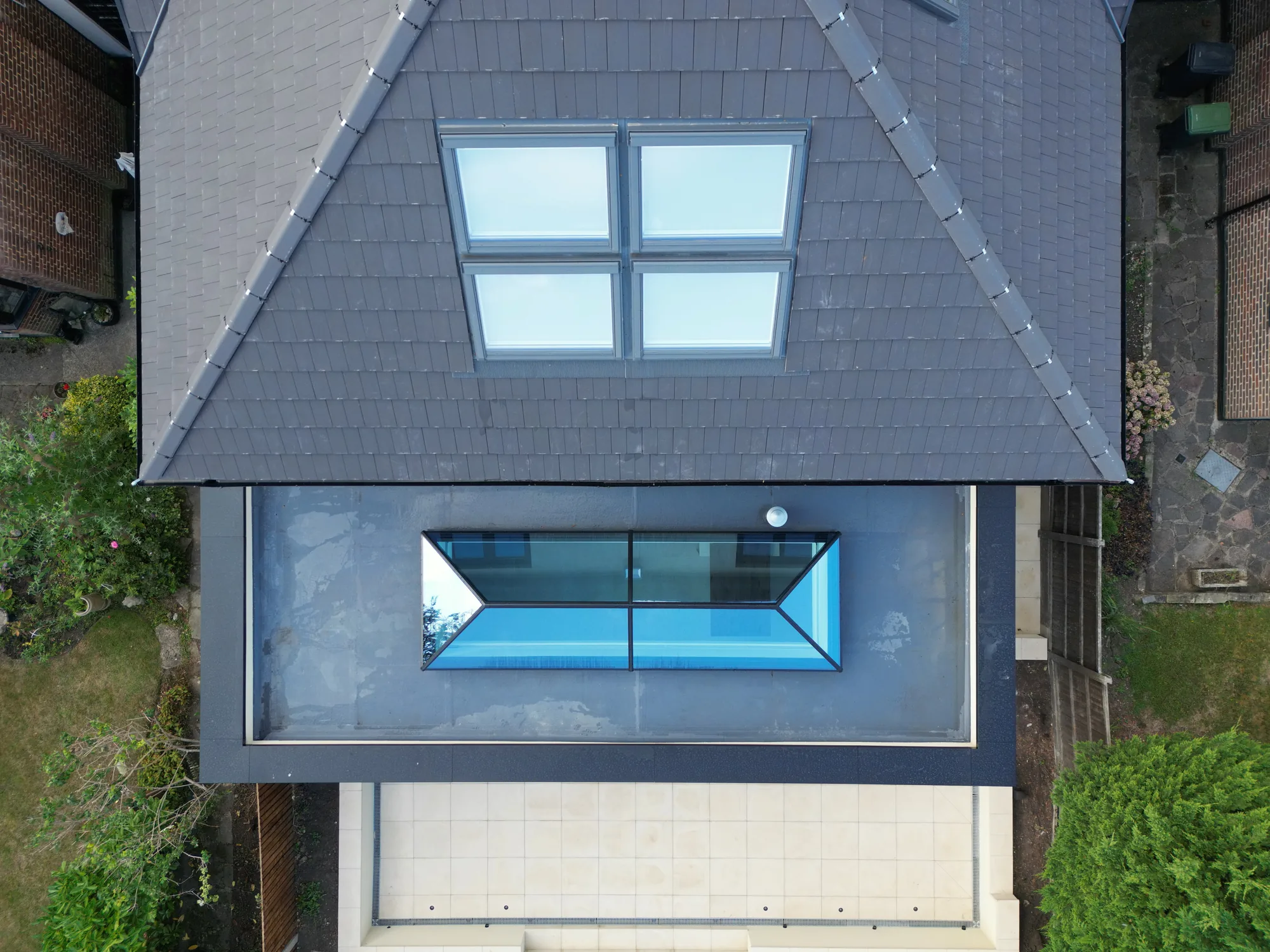 Aerial view of the roof lantern and rear extension at the Chigwell new build