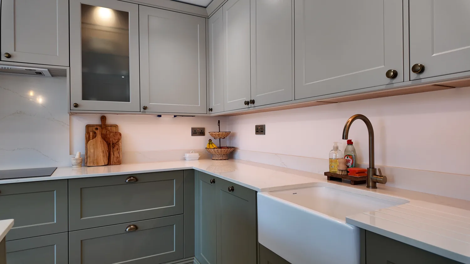 Butler sink and aged brass tap in the new Billericay kitchen.