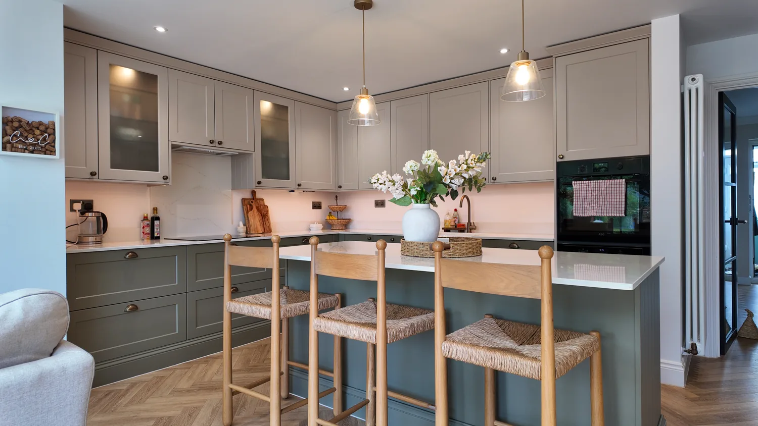 Kitchen island with breakfast stools in the extended Billericay house