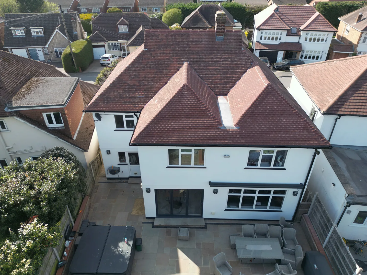 Aerial view of the rear of the Brentwood house showing the two new gables of the first floor extension.