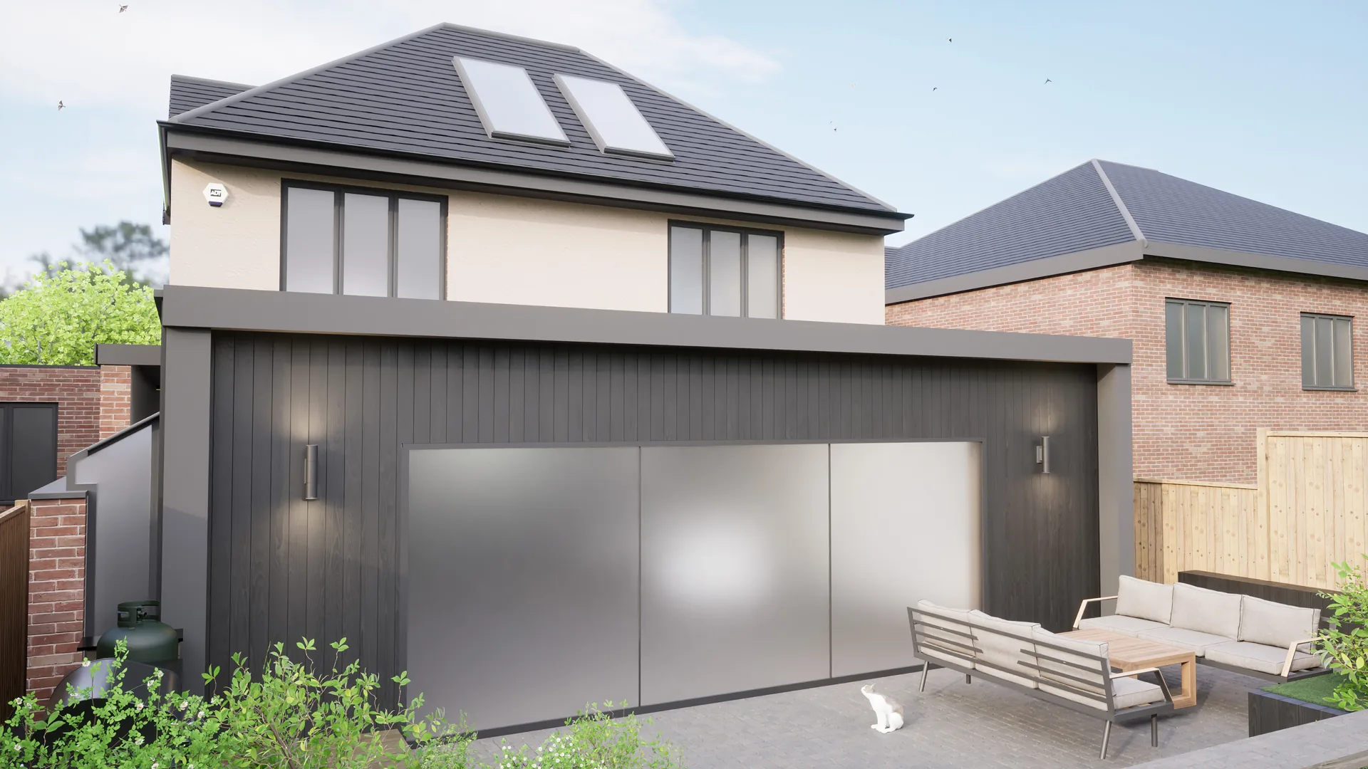CGI visualisation of the Chigwell rear elevation and extension, produced at design stage, not a photograph.