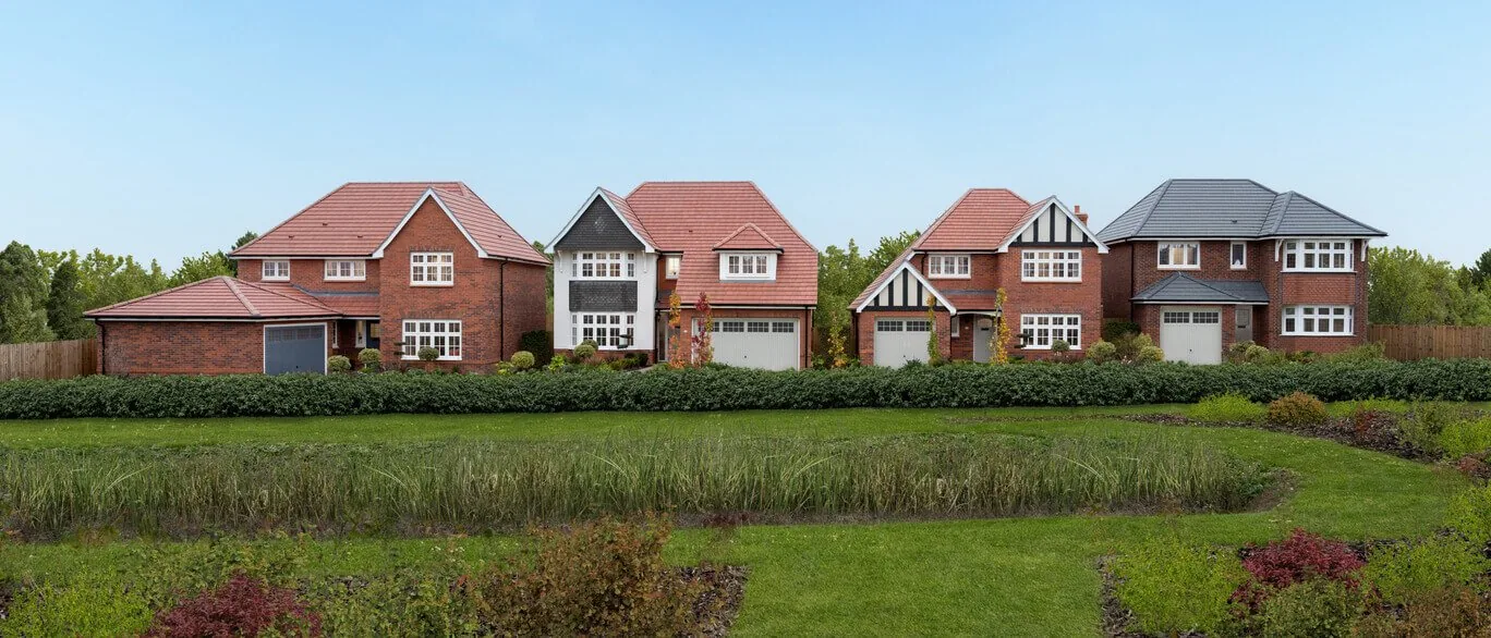 Row of Redrow homes at Hazel Park, Stevenage, seen across landscaped wetland planting
