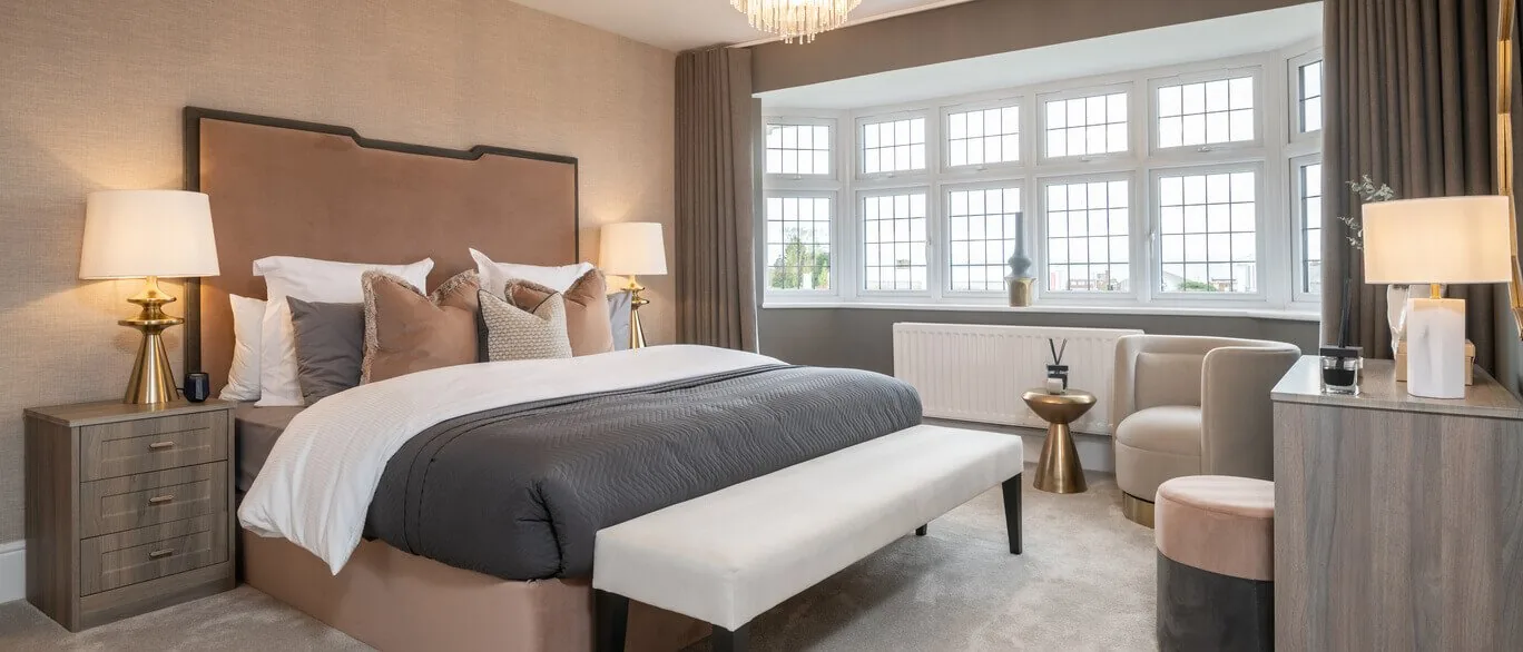 Finished show home principal bedroom with bay window at Hendricks Green, Goffs Oak