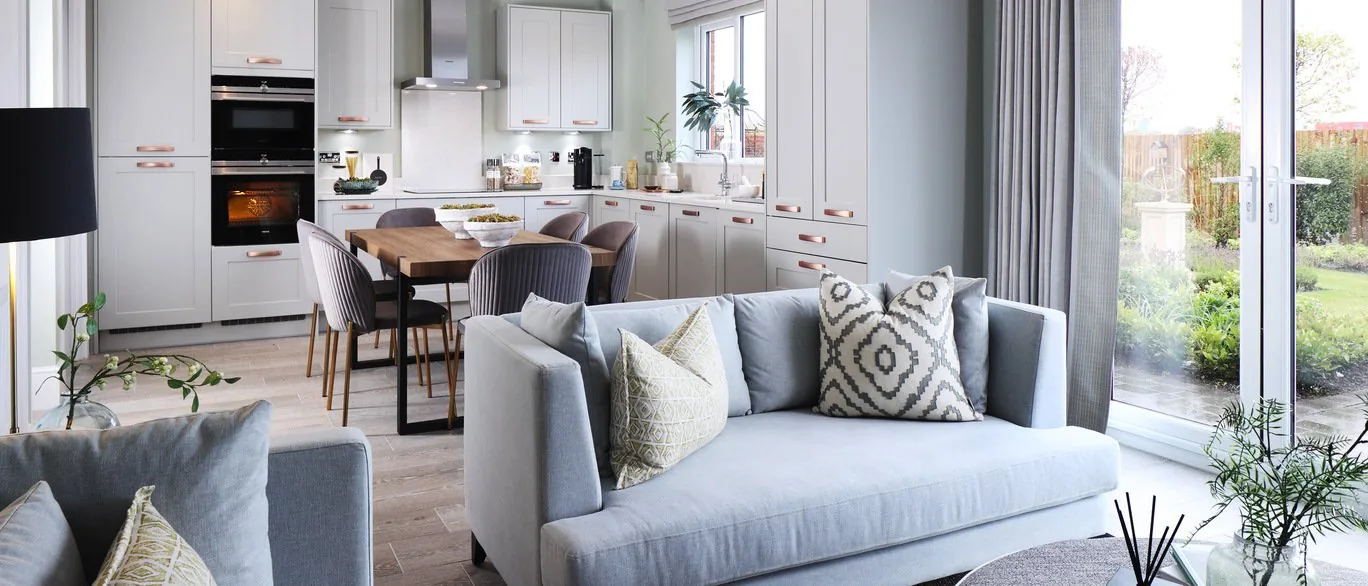Finished open plan kitchen and family room in a show home at Millview Park, Bocking